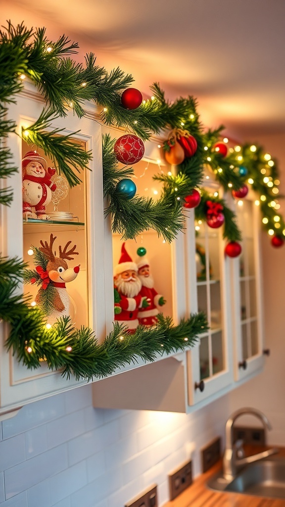 Festive Christmas decorations above kitchen cabinets with garlands, lights, and ornaments.